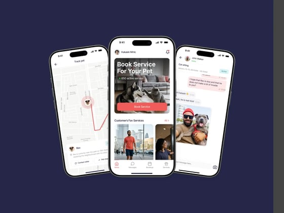 Pet Watch app screens: live tracking map, booking a service and chatting with your sitter