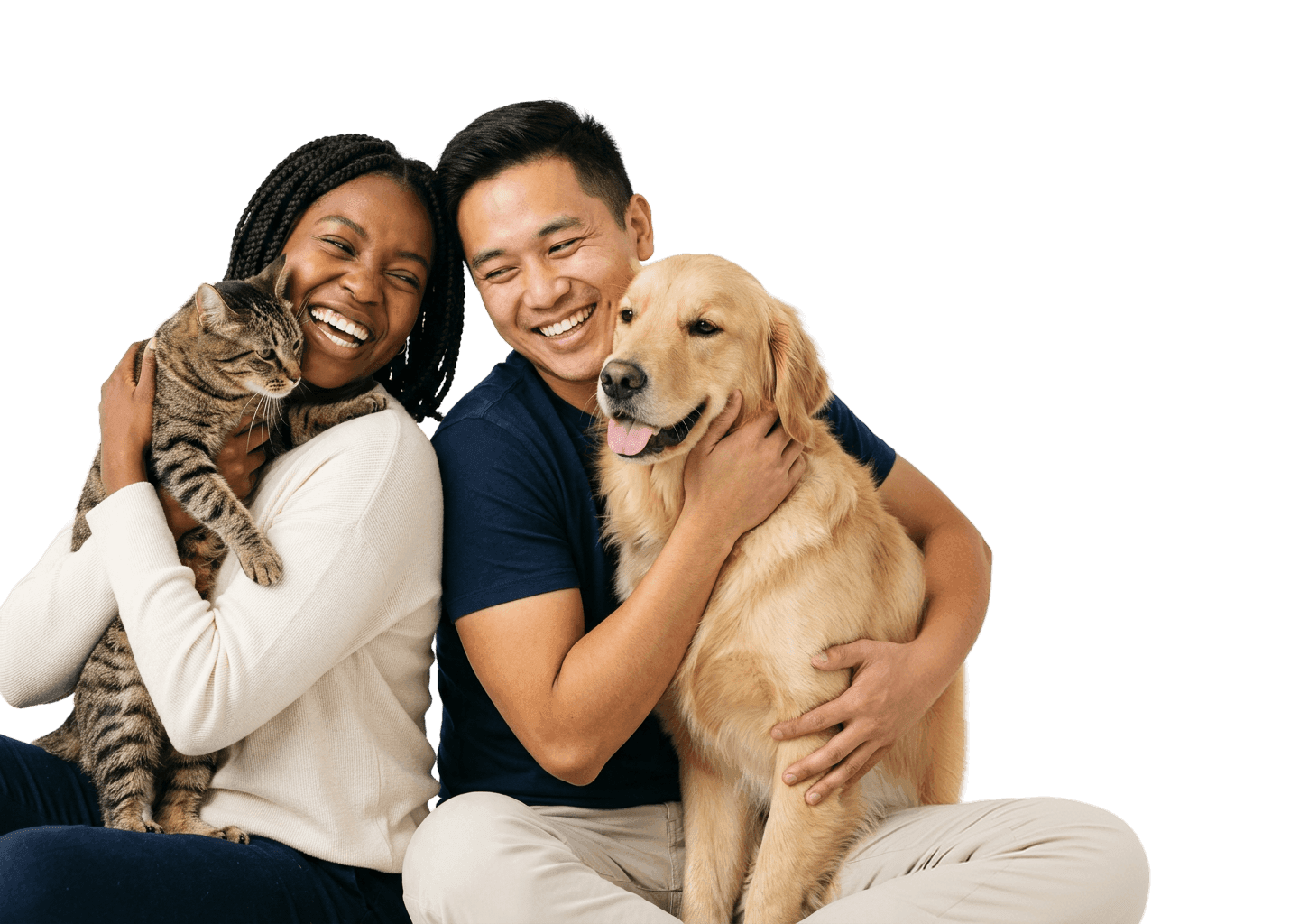 Happy pet parents with their dog and cat