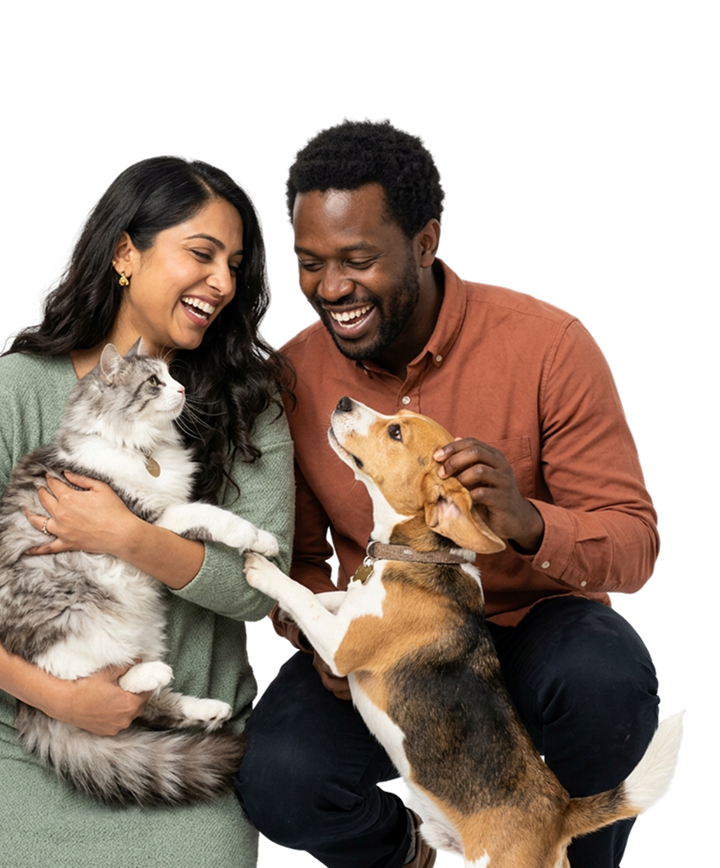 Happy pet parents with their dog and cat