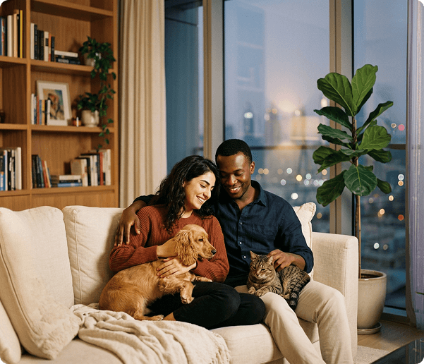 Pet parents with their dog and cat at home
