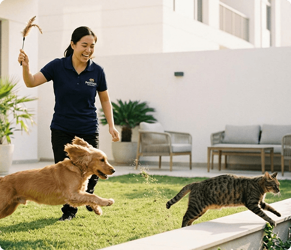 Pet sitter playing with a dog and cat outdoors