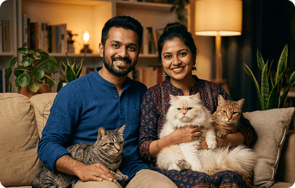 Priya Sharma and Arjun Mehta with their cats
